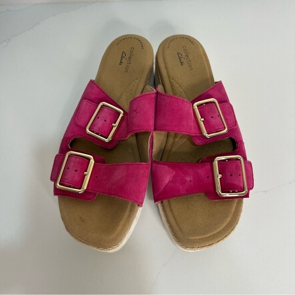 Clarks Collection Lana Beach Slide Sandals Pink Leather Platform Size 8.5 - Picture 8 of 11
